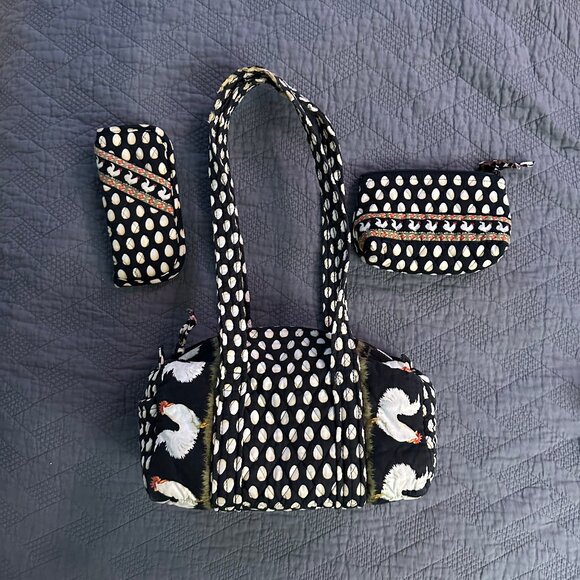 Vera Bradley Tote in Chicken & Egg Print + Makeup Bag & Glasses Case - Picture 1 of 15